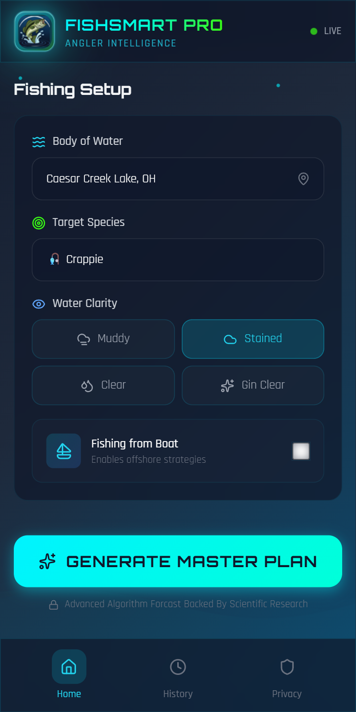 Set up your forecast with species, water body, and conditions